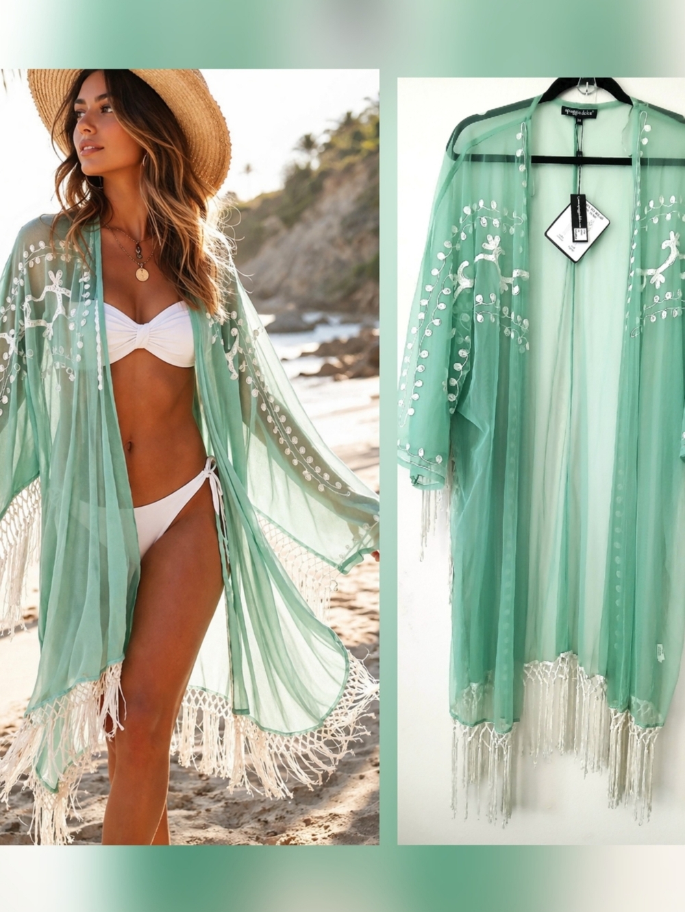 SPIAGGIA DOLCE Women's SHEER Embroidered GREEN Floral Fringe KIMONO Cover Up 2X